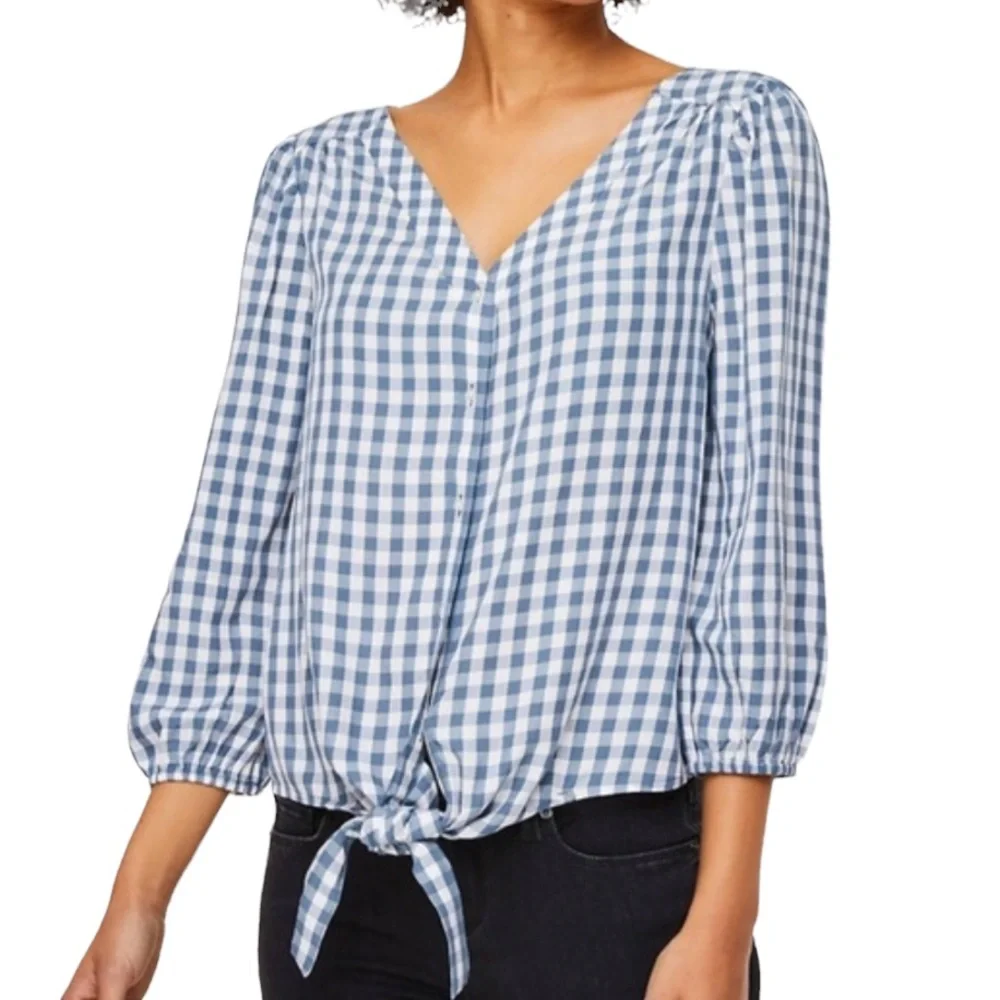 LOFT Top Tie Front Gingham Button Front Blouse S